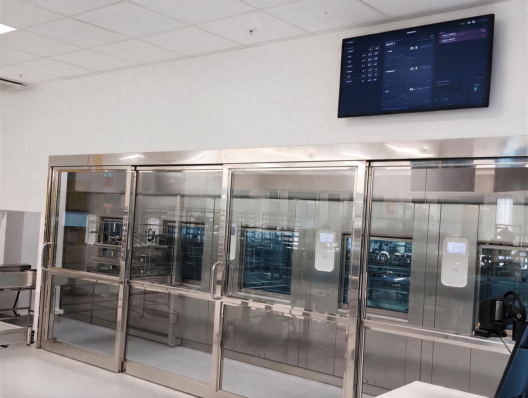 A wall-mounted screen showing the Stelviot dashboard above a row of autoclaves in the sterilisation department at Danderyds Sjukhus.